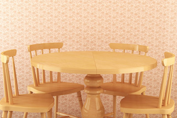 Fototapeta na wymiar Dining room, four chairs with round wooden table