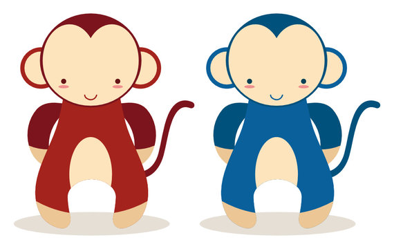 set of two baby mokeys in bron and blue colors