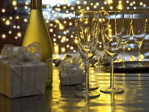 champagne, glasses and gifts