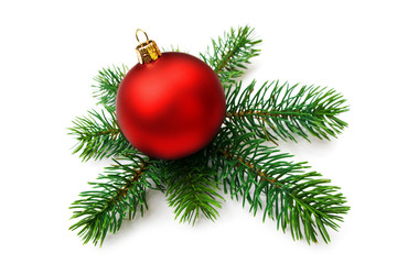 Christmas bauble with pine branches, isolated.