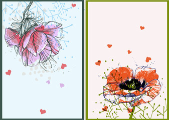 set of 2 vector card with blooming flowers