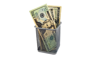 Empty container and banknotes dollar