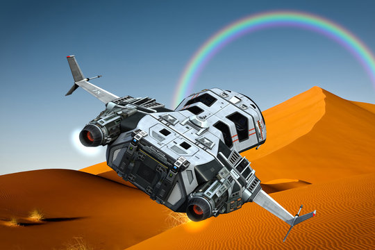 spaceship flying on desert of rainbow