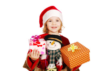 little girl santa claus with gifts