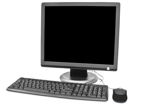 black monitor, keyboard and mouse