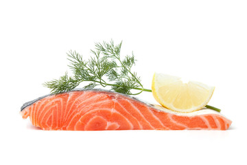 Fresh salmon steak with lemon slice and dill