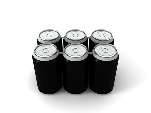 3d illustration of six black aluminum cans over white background