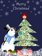 Christmas Snowman Hanging Ornament on Tree with Red Cardinal Bir