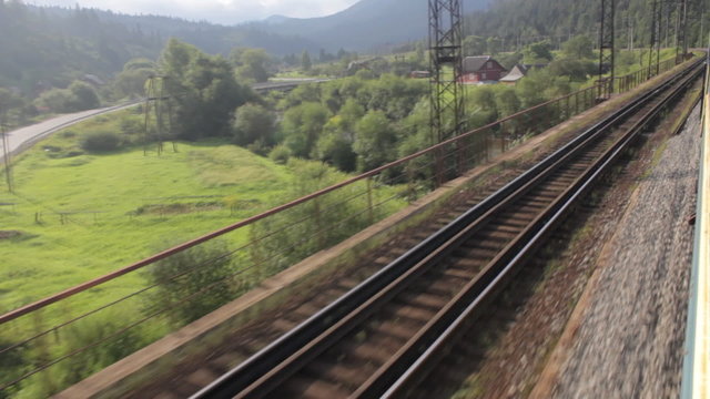 Passenger train rides to Carpathian over the bridges (Full HD)