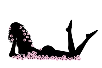 Crédence de cuisine en verre imprimé Femme fleurs Femme sexy nue au milieu des fleurs roses