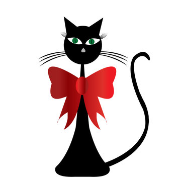 Black stylized cat vwith red ribbon