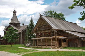 Plakat wooden architecture in city Great Novgorod, Russia