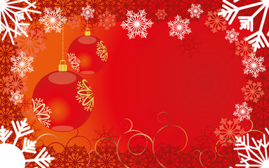 Naklejka na ściany i meble Red Christmas card with snowflakes and baubles, vector