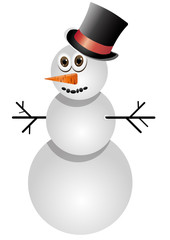 Funny snowman in black tophat, vector illustration