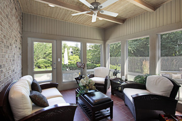 Porch with wood ceiling beams