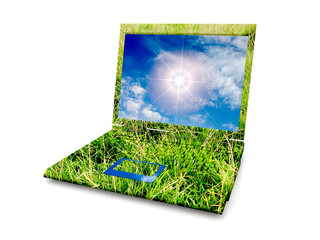 eco Laptop with grass, sky and sun