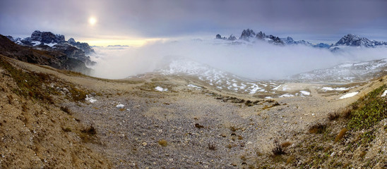 Stitched Panorama, Mountains over the fog