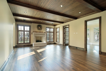 Family room with wood ceiling