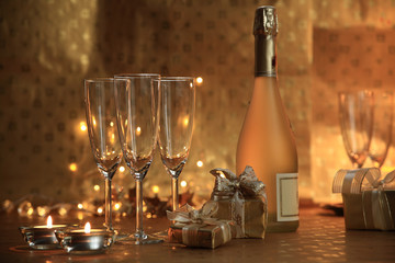champagne, glasses and gifts