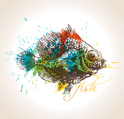 The vintage fish with colorful drops and sprays on a beige backg