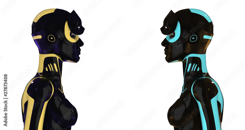 Poster surreal stylish robots with opened visor