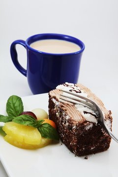 cholocate cake white milk tea isolated on white