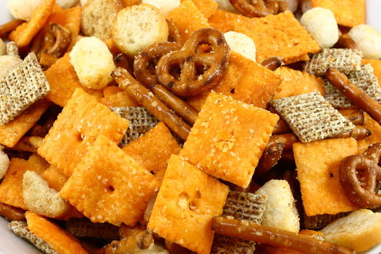 Bowl Of Snack Mix Close Up