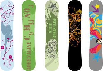 Vector pack of five snowboard deck design illustrations