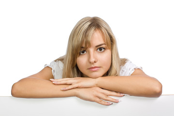 Fototapeta premium The beautiful business girl with a paper blank leaf