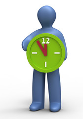 The figure holds a green clock showing five twelve