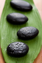 Obraz na płótnie Canvas black spa stones over leaf