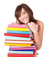 Girl with stack colored book .