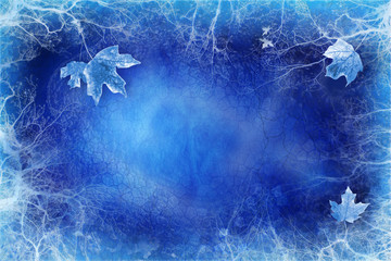 Blue background with ice and leaves