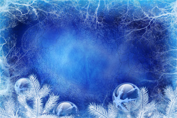 Blue Christmas background with fir and decorations