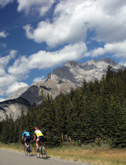 Fototapeta na wymiar Cycling near Cascade Mountain, Canadian Rockies