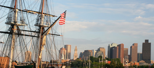 Fototapeta na wymiar Boston skyline, USS Constitution Battleship