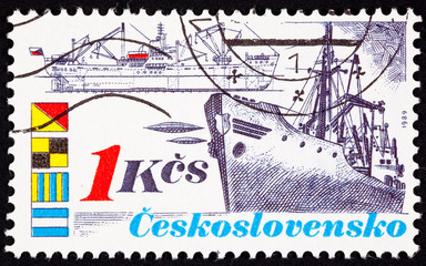 Postage Stamp Vintage Freighter Bow Side View Diagram