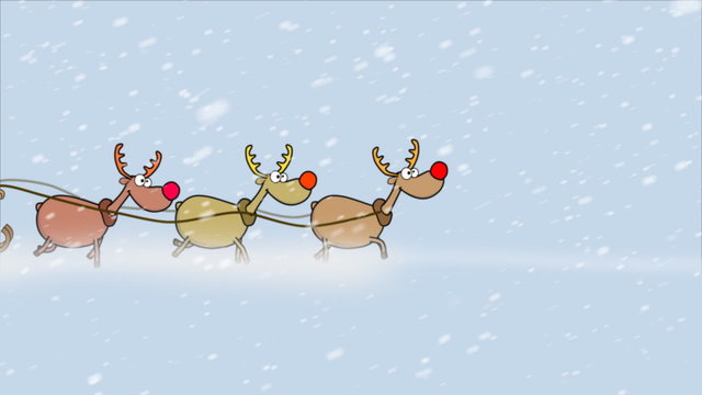 2D cartoon animation of Santa Claus riding sleigh with reindeer in heavy snowstorm, suitable for seasonal ads and Christmas videos