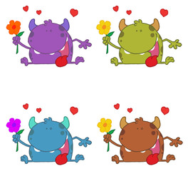 Monster Holding A Flower Under Hearts Collection
