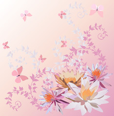 Fototapeta na wymiar pink butterflies and lily flowers