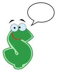 Happy Dollar Cartoon Character With Speech Bubble