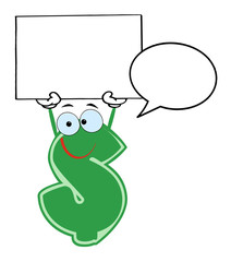Dollar Cartoon Character Holding A Blank With Speech Bubble