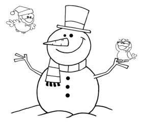 Outlined Friendly Snowman With A Cute Birds