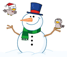 Friendly Snowman With A Two Cute Birds