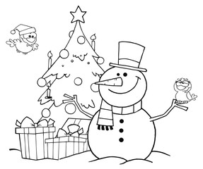 Outlined Friendly Snowman With A Cute Birds And Christmas Tree