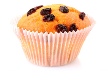 Muffin with raisins isolated on white
