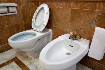 Interior of a hotel bathroom showing the toilet bowl abd bidet