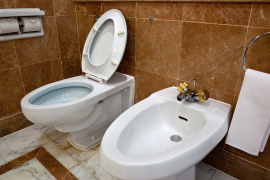 Interior of a hotel bathroom showing the toilet bowl abd bidet