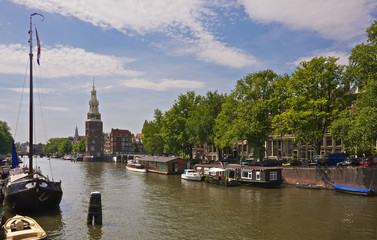 Amsterdam, Netherlands, Montelbaan Tower and houseboats