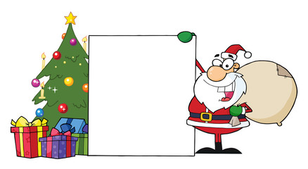 Santa Claus Presenting A Blank Sign And Christmas Tree